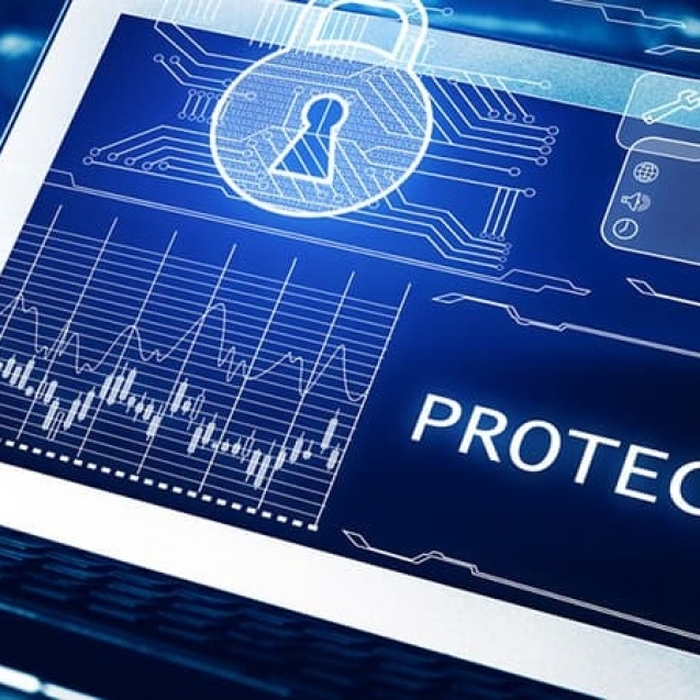 Workplace with clock and digital hologram on laptop screen. Protected concept